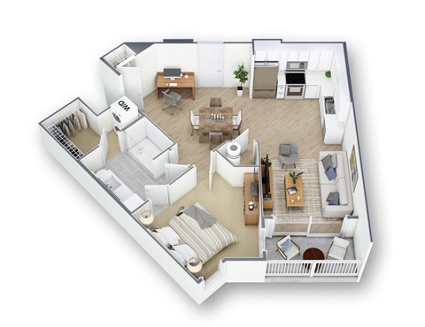 Floor plan for 1 bed, 1 bath, 731 sqft